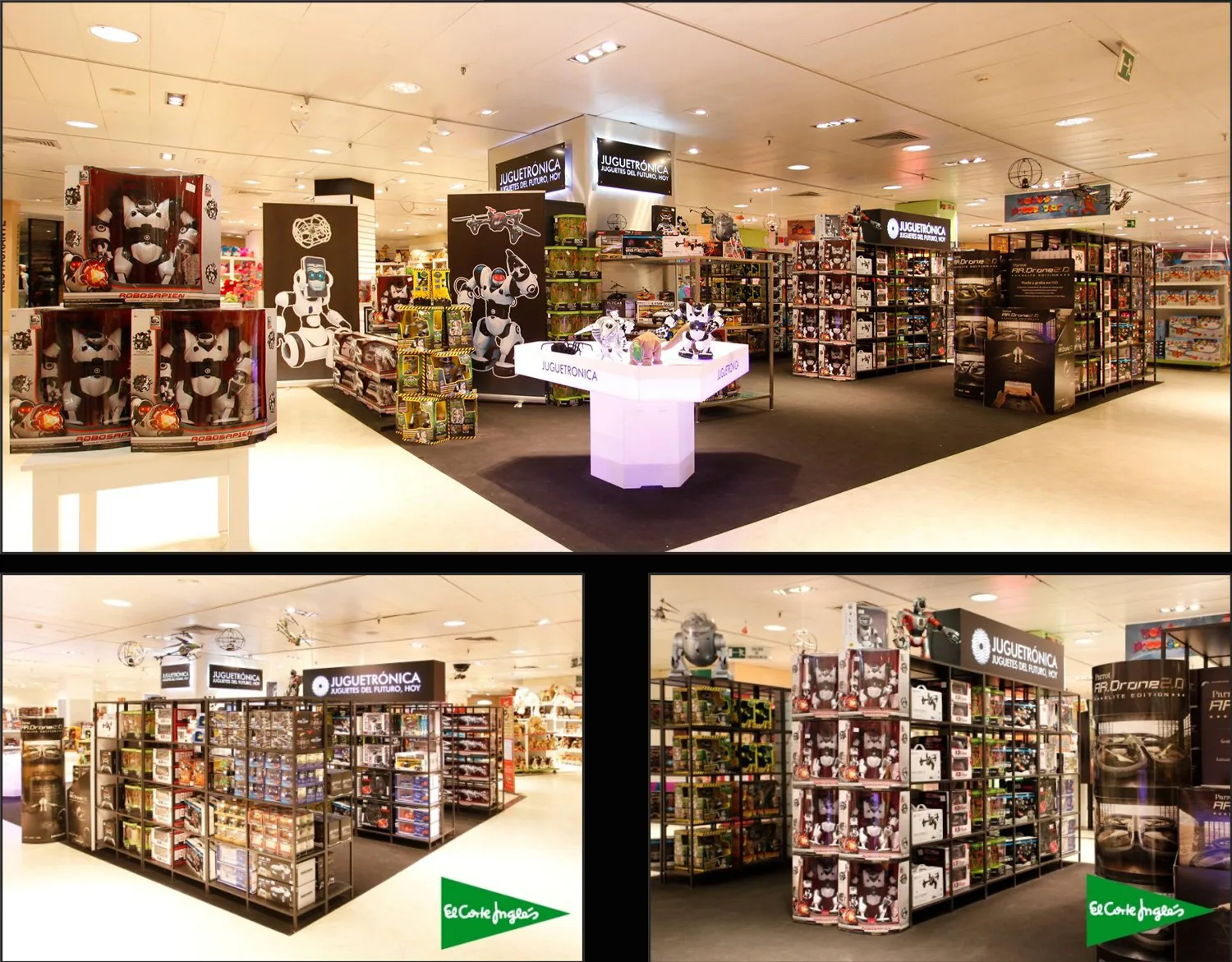 Tres corners de Juguetrónica dentro de El Corte Inglés, con estanterías de robots y drones y una mesa de demostración iluminada