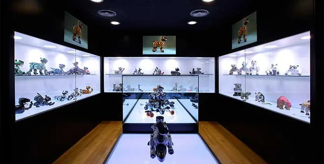 Sala de The Robot Museum con robots en vitrinas iluminadas